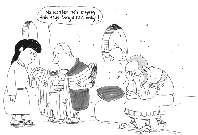 cartoon: No wonder he's crying, this says 'dry-clean only'!