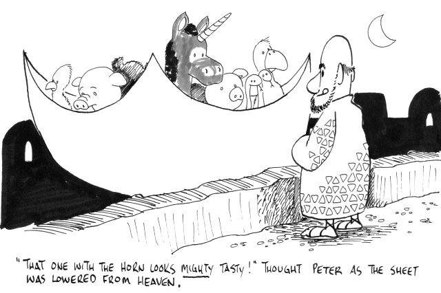 cartoon: "That one with the horn looks mighty tasty!" thought Peter as the sheet was lowered from heaven.